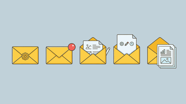 Conjunto de &iacute;cones de e-mail em estilo de linha plana mostrando envelopes amarelos com documentos, notifica&ccedil;&otilde;es e anexos de arquivos em um fundo azul claro para design digital.
