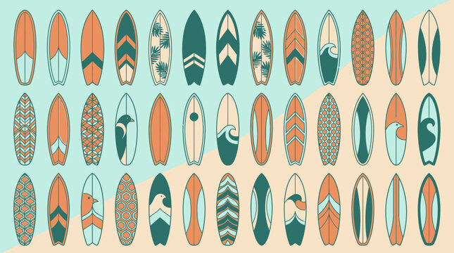 Conjunto de pranchas de surfe com designs variados em tons de verde e laranja, organizadas em um padr&atilde;o plano e moderno, ideal para ilustra&ccedil;&otilde;es de esportes aqu&aacute;ticos e ver&atilde;o.