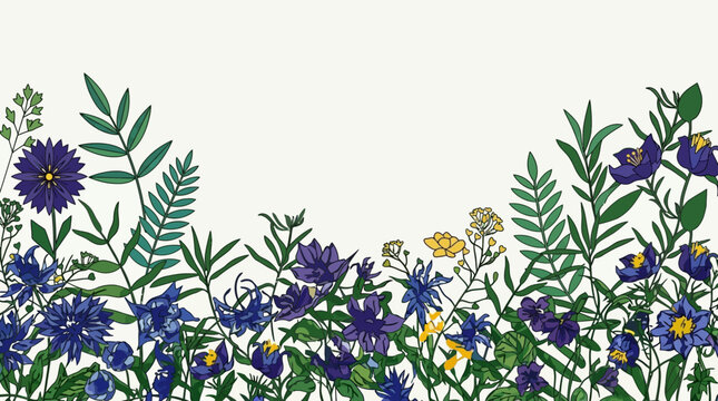 Illustration botanique &eacute;l&eacute;gante avec des fleurs sauvages bleues et jaunes et des feuilles vertes sur un fond blanc &eacute;pur&eacute;, parfaite pour une bordure d&eacute;corative ou un design printanier.