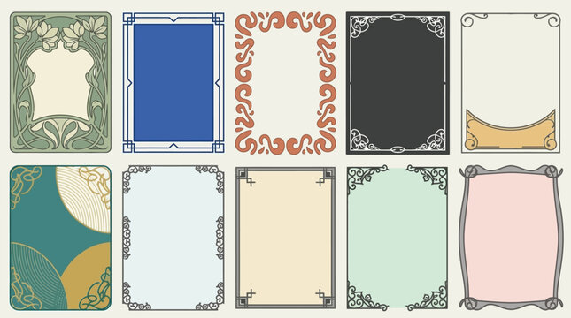 Ensemble de dix cadres d&eacute;coratifs de style vintage et art nouveau avec des motifs ornementaux vari&eacute;s, des bordures &eacute;l&eacute;gantes et des espaces de texte pour invitations ou design graphique.