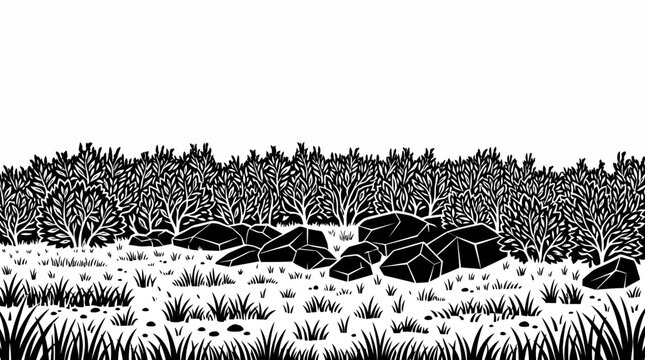 Ilustra&ccedil;&atilde;o vetorial em preto e branco de uma paisagem natural com rochas, arbustos e grama em um estilo gr&aacute;fico de xilogravura, ideal para design de fundo e projetos criativos.