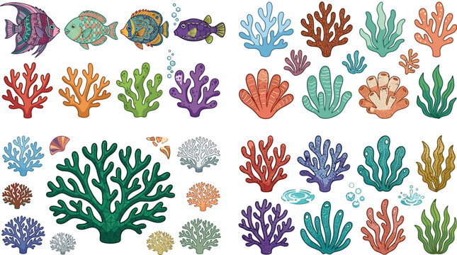 Eine umfangreiche Sammlung von handgezeichneten Illustrationen tropischer Fische und verschiedener Korallenarten, isoliert auf wei&szlig;em Hintergrund f&uuml;r kreative Meeresdesigns.