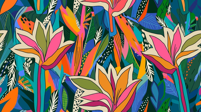 Nahtloses Muster mit bunten tropischen Blumen und exotischen Bl&auml;ttern in einem lebendigen, k&uuml;nstlerischen Stil, perfekt f&uuml;r Textilien, Tapeten oder modernes Oberfl&auml;chendesign.