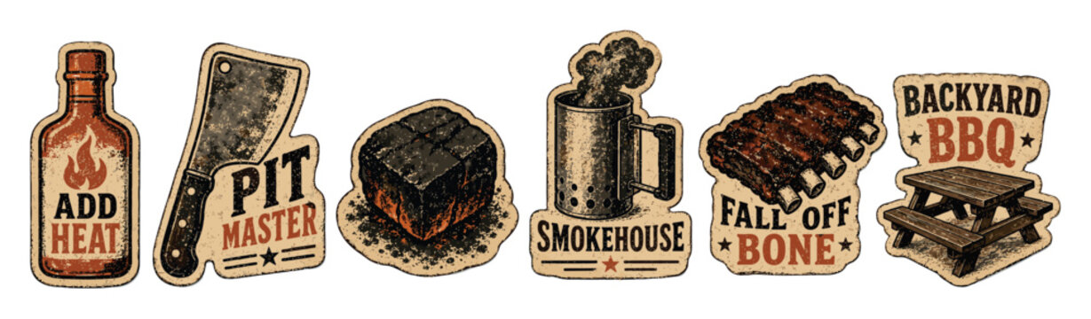 Barbecue stickers and labels set featuring hot sauce bottle, meat cleaver, burnt ends, charcoal chimney starter, grilled ribs, and a picnic table in a vintage distressed style