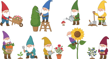 Obraz premium Cute Garden Gnome Characters Icon Set Featuring Friendly Elves Trimming Bushes Watering Flowers Digging Soil Harvesting Vegetables and Planting Seeds Vector Illustrations