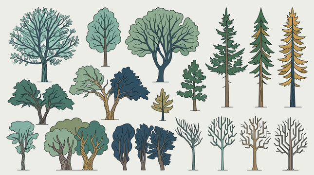 Ensemble d'illustrations vectorielles d'arbres vari&eacute;s comprenant des feuillus, des conif&egrave;res et des arbres nus en hiver, isol&eacute;s sur un fond clair pour des projets de design graphique.