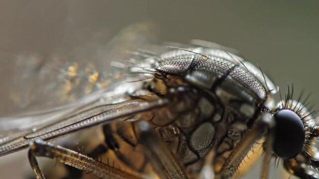 Extreme macro close up of a house fly thorax and wings with soft natural lighting and neutral background