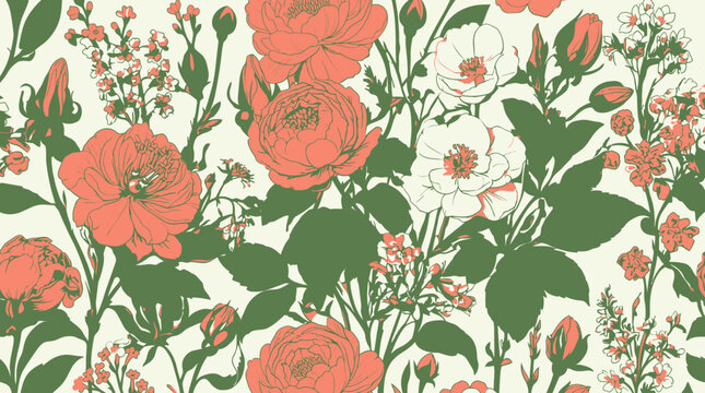 Nahtloses florales Muster mit handgezeichneten Rosen und Wildblumen in Koralle und Salbeigr&uuml;n auf einem cremefarbenen Hintergrund f&uuml;r Textilien und Tapetendesigns.