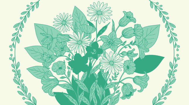 Illustration vectorielle &eacute;l&eacute;gante d'un bouquet de fleurs sauvages encadr&eacute; par une couronne de feuilles d&eacute;licates dans des tons vert menthe sur un fond cr&egrave;me doux