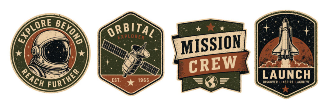Vintage space exploration badges and patches set featuring detailed illustrations of an astronaut helmet, orbital satellite, mission crew emblem, and space shuttle launch