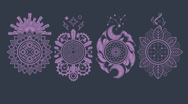 Ensemble de quatre ic&ocirc;nes d&eacute;coratives violettes repr&eacute;sentant des mandalas &eacute;sot&eacute;riques, des symboles c&eacute;lestes, des attrape-r&ecirc;ves et des motifs botaniques stylis&eacute;s sur un fond sombre.