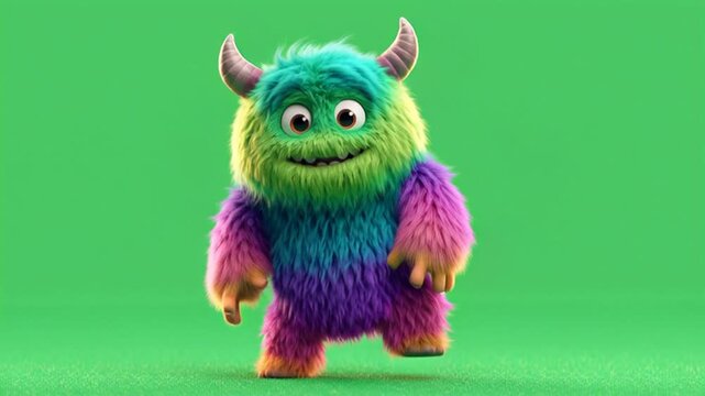 cute monsters and rainbow colored fur in shades of turquoise, lime green, blue, purple and magenta.  and also has horns and dances with joy and enthusiasm. green background and 3d model