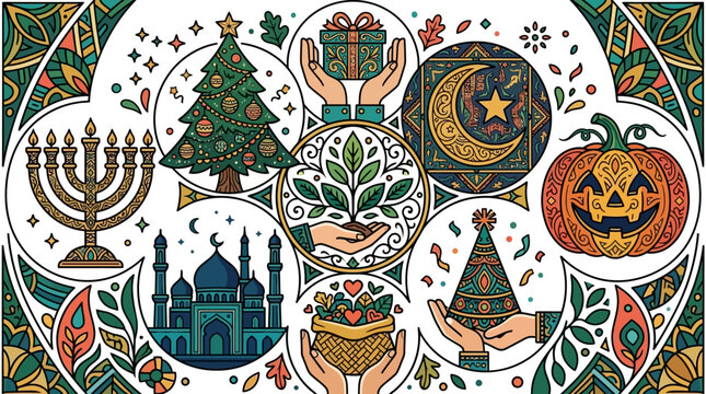 Illustration d&eacute;corative repr&eacute;sentant diverses f&ecirc;tes et traditions culturelles mondiales avec des symboles de No&euml;l, Hanoucca, Halloween et Ramadan dans un style artistique ornemental.