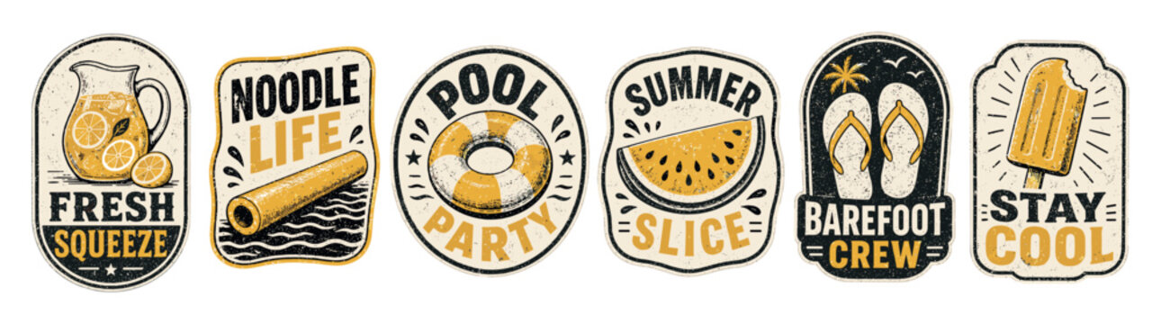 Vintage summer pool party sticker set featuring retro designs of lemonade, pool noodle, swim ring, watermelon slice, flip flops, and popsicle