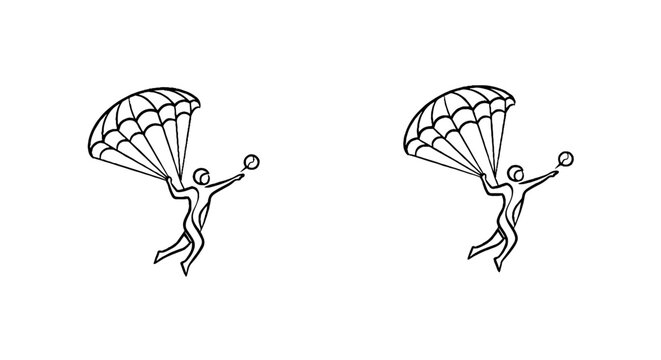 Two cartoon figures skydiving with open parachutes.