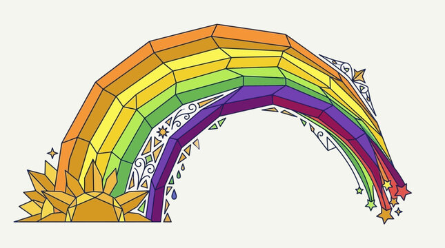 Ilustra&ccedil;&atilde;o vetorial de um arco-&iacute;ris geom&eacute;trico estilizado com sol e estrelas em design plano, apresentando cores vibrantes e contornos n&iacute;tidos em um fundo neutro para projetos criativos.