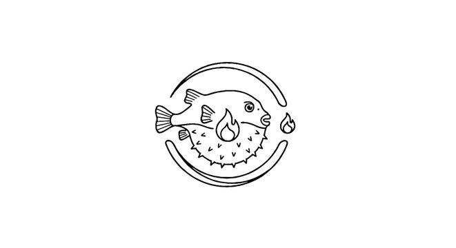 Illustrated pufferfish with fire and water elements.