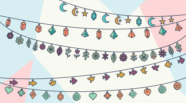 Ilustra&ccedil;&atilde;o vetorial de guirlandas decorativas penduradas com formas de lua, estrelas, flores, p&aacute;ssaros e elementos geom&eacute;tricos em um fundo pastel suave e elegante.