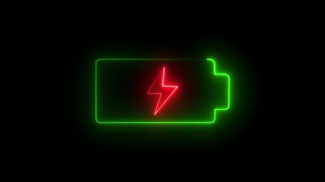 Glowing neon battery icon animation with red lightning blinking bolt on black background. 4 k animation video.