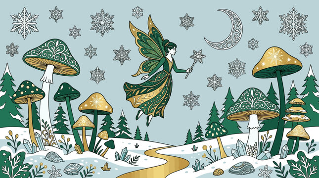 Ilustra&ccedil;&atilde;o encantadora de uma fada voando em uma floresta m&aacute;gica de inverno com cogumelos decorados, flocos de neve e uma lua crescente em um estilo de arte detalhado e elegante.