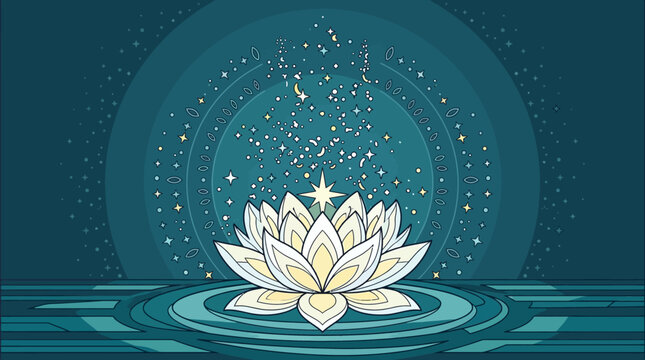 Ilustra&ccedil;&atilde;o vetorial de uma flor de l&oacute;tus estilizada flutuando sobre &aacute;gua com c&iacute;rculos conc&ecirc;ntricos, brilhos m&aacute;gicos e uma estrela brilhante em um fundo azul profundo e sereno.