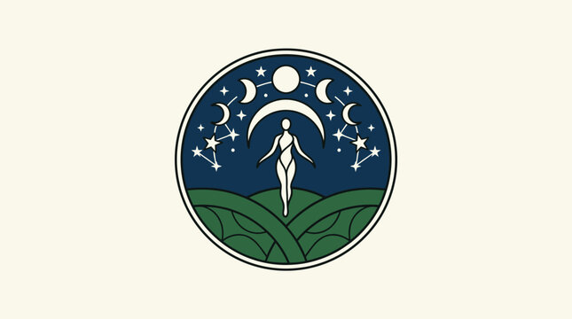 Ilustraci&oacute;n vectorial circular que representa a una figura femenina m&iacute;stica elev&aacute;ndose sobre colinas verdes bajo un cielo nocturno estrellado con fases lunares y constelaciones celestiales.