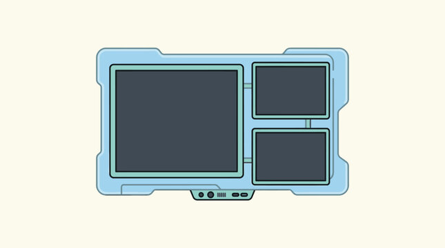 Interfaz de usuario futurista con m&uacute;ltiples pantallas digitales y dise&ntilde;o de panel de control tecnol&oacute;gico en estilo de ilustraci&oacute;n vectorial plana sobre fondo claro