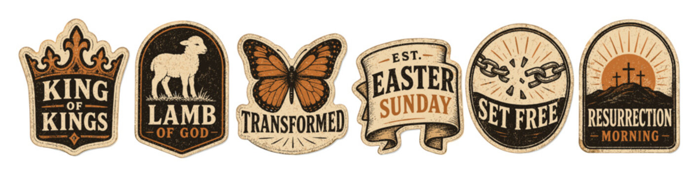 Christian Easter stickers with religious symbols including a crown, lamb of God, butterfly, broken chains, and three crosses on Calvary hill