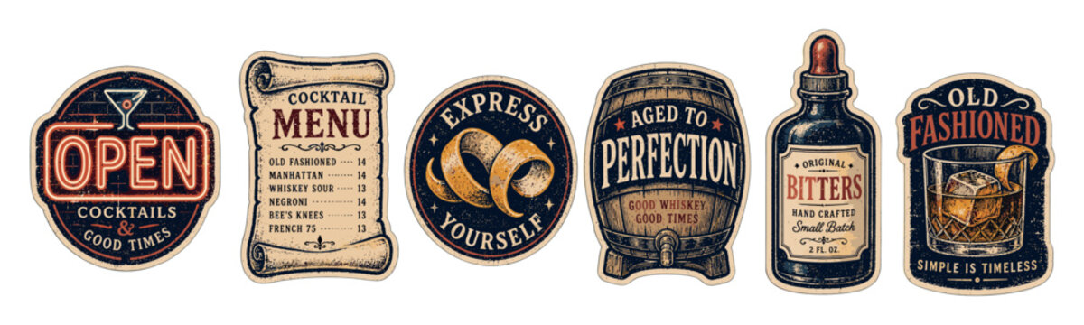 Vintage cocktail bar labels and stickers set featuring retro designs for whiskey, old fashioned, bitters, and open signs in a detailed hand-drawn engraving style