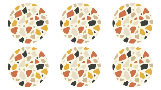 Seamless terrazzo pattern with abstract geometric shapes in warm earth tones, repeating circular design