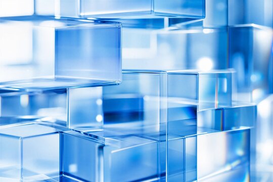 Overlapping glass blocks forming a geometric pattern with reflections and refractions, evoking precision and clarity.