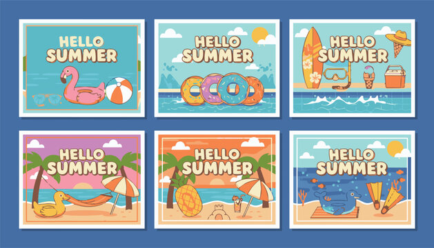 Summer greeting poster vector set design. Hello summer text with floaters and sunglasses beach vacation elements. Vector illustration summer greeting postcard collection