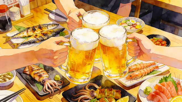 居酒屋でビールジョッキを乾杯する水彩画イラスト
