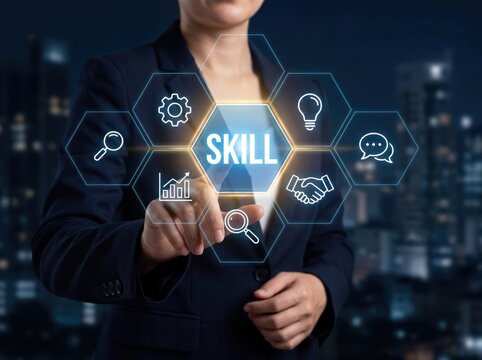 Business professional using a digital interface to select and develop professional skills and career growth