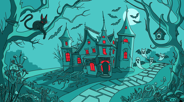 Ilustra&ccedil;&atilde;o vetorial de uma casa mal-assombrada assustadora com fantasmas, morcegos e um gato preto em uma noite de Halloween sob a luz da lua cheia, estilo desenho animado.