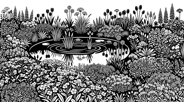 Ilustraci&oacute;n detallada en blanco y negro de un estanque de jard&iacute;n rodeado de una exuberante vegetaci&oacute;n, flores silvestres y plantas acu&aacute;ticas en un estilo art&iacute;stico de grabado.