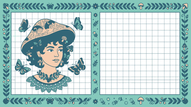 Illustrazione vettoriale di una ragazza con cappello a forma di fungo circondata da farfalle su uno sfondo a griglia con bordo decorativo in stile cottagecore e botanico