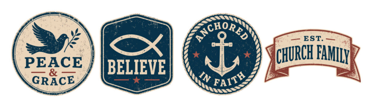 Christian vintage badges and emblems set featuring a dove of peace, ichthys fish symbol, anchor of faith, and church family with distressed texture