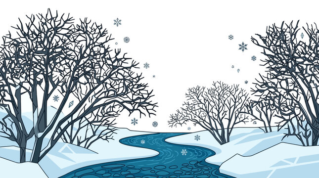 Eine malerische Winterlandschaft mit einem gewundenen Fluss, kahlen B&auml;umen und fallenden Schneeflocken in einer stilisierten, grafischen Illustration auf wei&szlig;em Hintergrund.