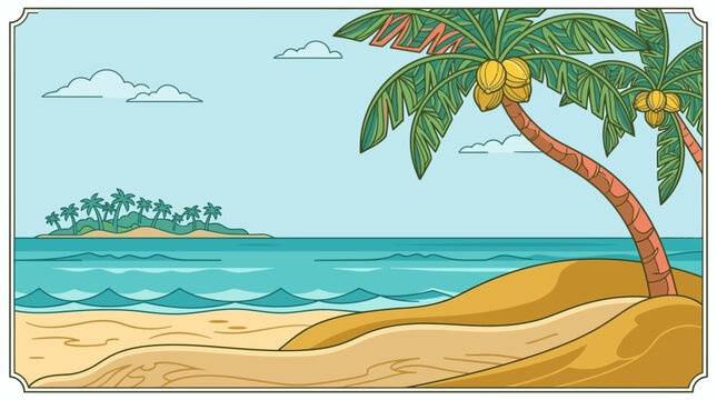 Ilustraci&oacute;n vectorial de una playa tropical con palmeras, cocos, arena dorada y una isla lejana en el horizonte bajo un cielo despejado, ideal para dise&ntilde;os de vacaciones de verano.