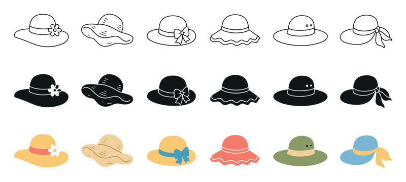 Women summer sun hats vector icon set featuring various styles of wide brim beach headwear in line art, solid black, and colorful designs