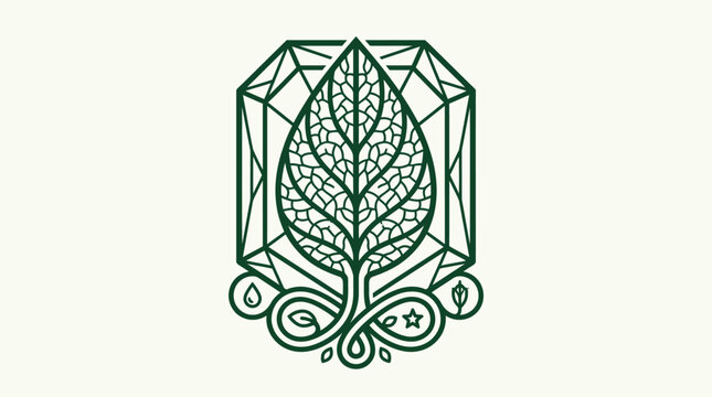 Ilustraci&oacute;n vectorial de estilo lineal que representa una hoja detallada enmarcada por una forma geom&eacute;trica de diamante, simbolizando la naturaleza, el crecimiento org&aacute;nico y la elegancia bot&aacute;nica.