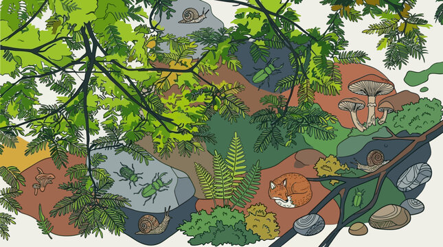 Eine detaillierte, handgezeichnete Illustration eines lebendigen Waldbodens mit einem schlafenden Fuchs, Pilzen, Farnen, K&auml;fern und Schnecken in einer nat&uuml;rlichen Waldumgebung.
