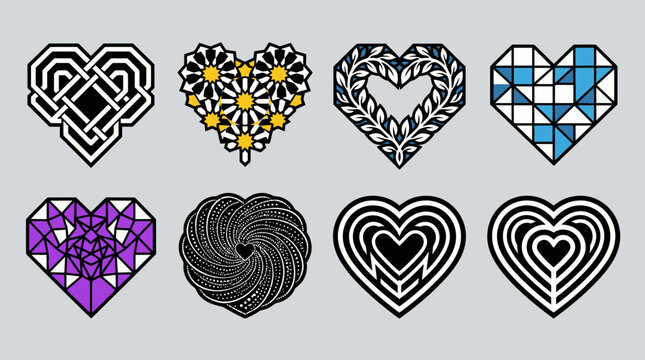 Eine Sammlung von acht verschiedenen, k&uuml;nstlerisch gestalteten Herz-Symbolen mit geometrischen Mustern, floralen Elementen und abstrakten Linienf&uuml;hrungen auf einem hellgrauen Hintergrund.