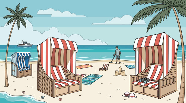 Ilustraci&oacute;n de una playa tropical con sillas de mimbre a rayas, palmeras, un hombre usando un detector de metales y un barco en el horizonte bajo un cielo despejado de verano