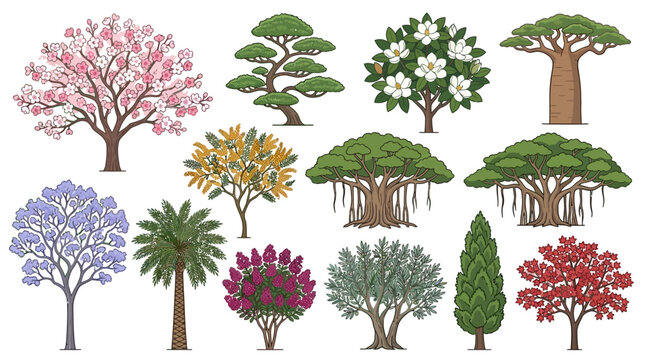 Eine Sammlung von verschiedenen Baumarten und illustrierten Pflanzen, darunter bl&uuml;hende Kirschb&auml;ume, Palmen, Nadelb&auml;ume und exotische Arten, isoliert auf wei&szlig;em Hintergrund f&uuml;r botanische Designs.