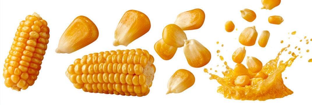 Bright yellow corn kernels in various forms, highlighting freshness and flavor.