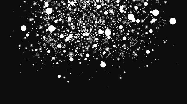 Sfondo astratto con particelle bianche luminose e forme geometriche fluttuanti su un profondo sfondo nero, ideale per design grafici creativi e composizioni digitali moderne.
