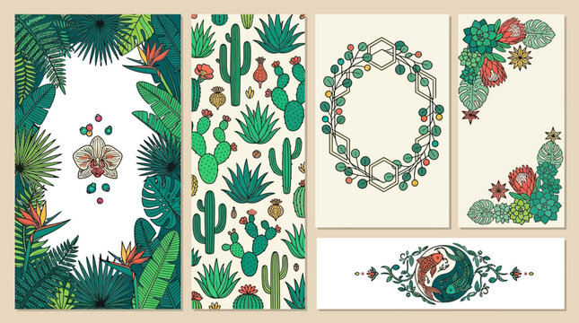 Conjunto de ilustra&ccedil;&otilde;es bot&acirc;nicas com plantas tropicais, cactos, suculentas e elementos decorativos em estilo art&iacute;stico para convites, cart&otilde;es e design de papelaria personalizada.
