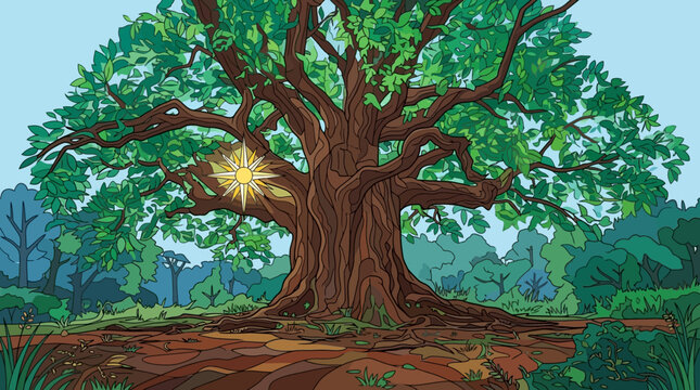 Ilustraci&oacute;n detallada de un gran roble antiguo con hojas verdes vibrantes y un sol brillante brillando entre las ramas en un bosque tranquilo y natural durante un d&iacute;a soleado.